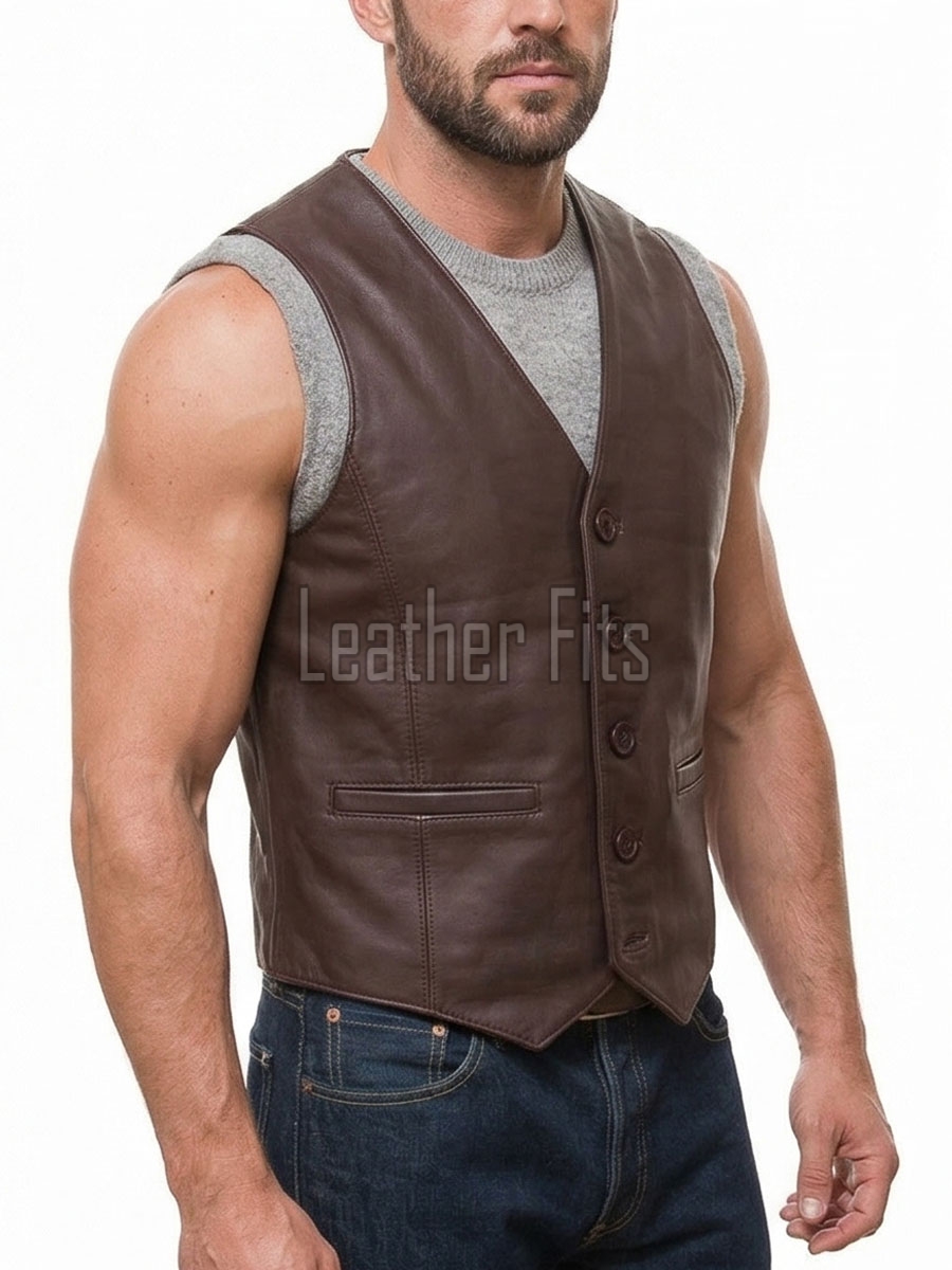 Men Espresso Brown Leather Vest | Luxury Genuine Lambskin Fitted Waistcoat | Premium Sleek Sleeveless Smart Casual Dress Layering Jacket