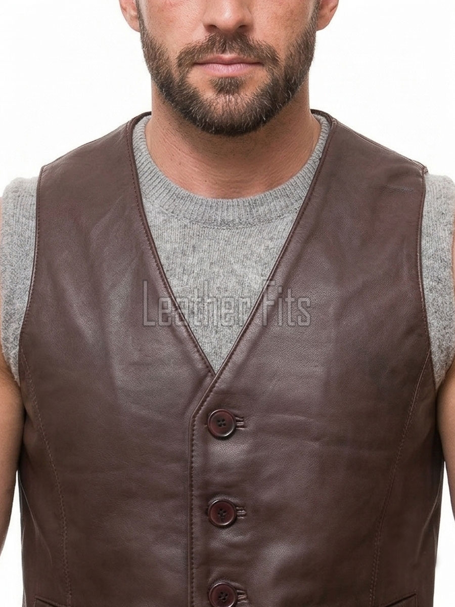 Men Espresso Brown Leather Vest | Luxury Genuine Lambskin Fitted Waistcoat | Premium Sleek Sleeveless Smart Casual Dress Layering Jacket