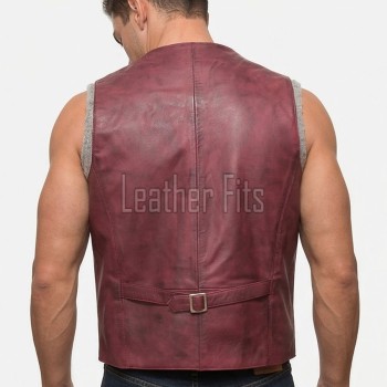 Men Maroon Leather Vest | Luxury Genuine Burgundy Sheepskin Gilet | Premium Distressed Crimson Sleeveless Semi Formal Waistcoat Jacket