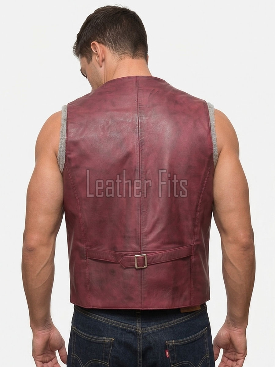 Men Maroon Leather Vest | Luxury Genuine Burgundy Sheepskin Gilet | Premium Distressed Crimson Sleeveless Semi Formal Waistcoat Jacket