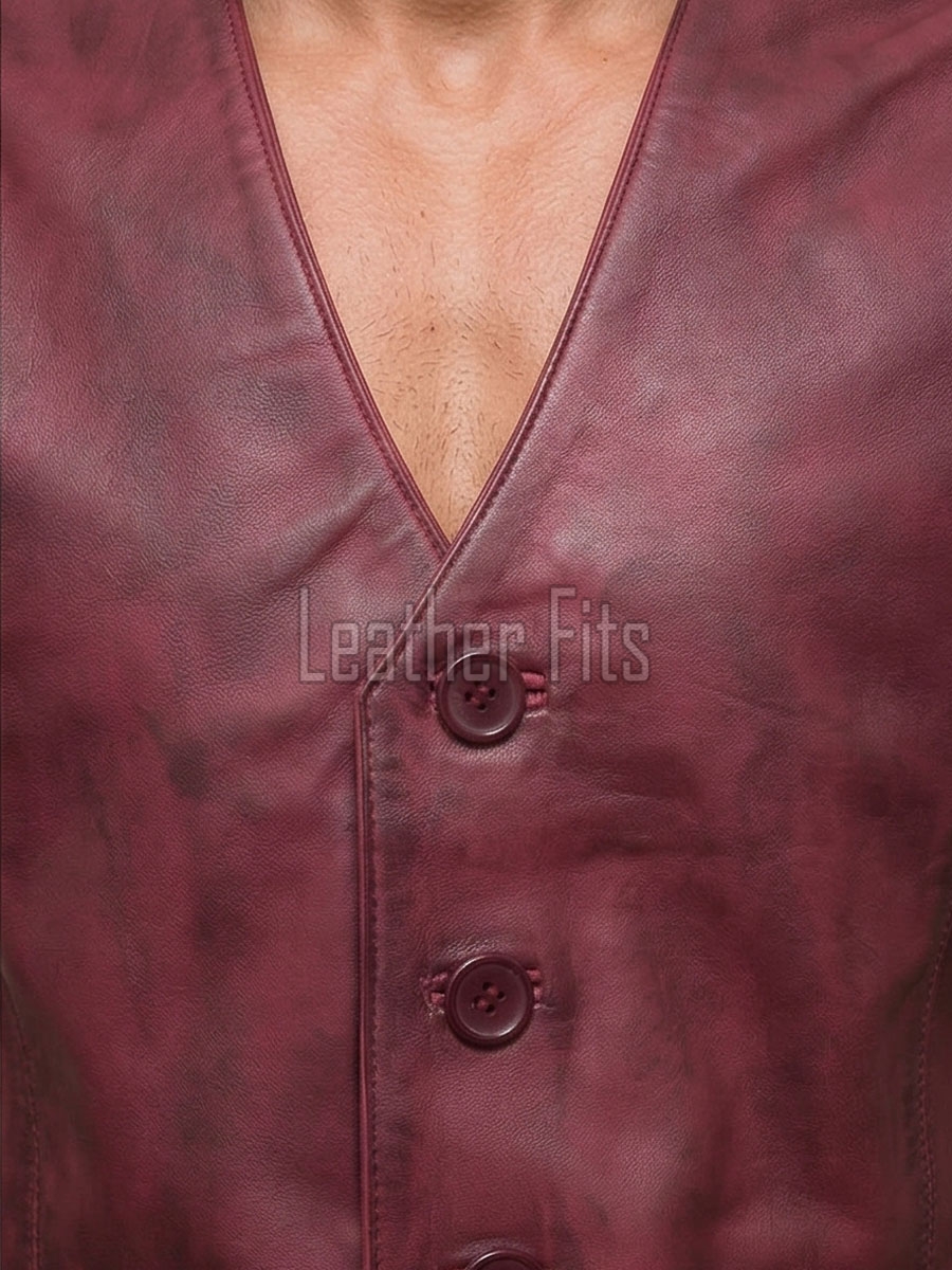 Men Maroon Leather Vest | Luxury Genuine Burgundy Sheepskin Gilet | Premium Distressed Crimson Sleeveless Semi Formal Waistcoat Jacket