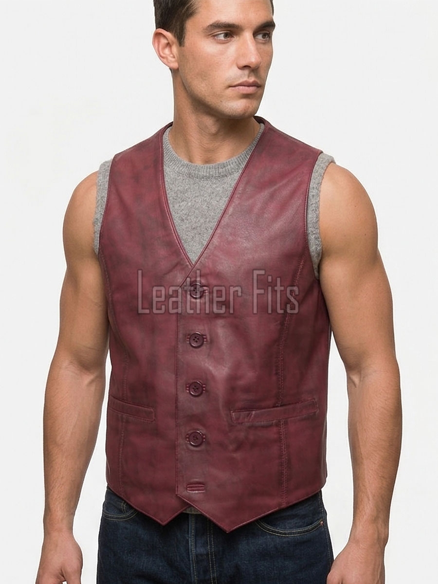Men Maroon Leather Vest | Luxury Genuine Burgundy Sheepskin Gilet | Premium Distressed Crimson Sleeveless Semi Formal Waistcoat Jacket