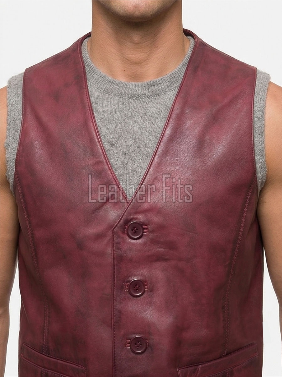 Men Maroon Leather Vest | Luxury Genuine Burgundy Sheepskin Gilet | Premium Distressed Crimson Sleeveless Semi Formal Waistcoat Jacket