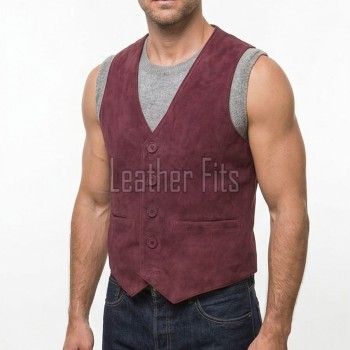 Men Merlot Suede Vest | Luxury Genuine Plum Lambskin Waistcoat | Premium Soft Matte Burgundy Sleeveless Evening Dress Gilet Jacket