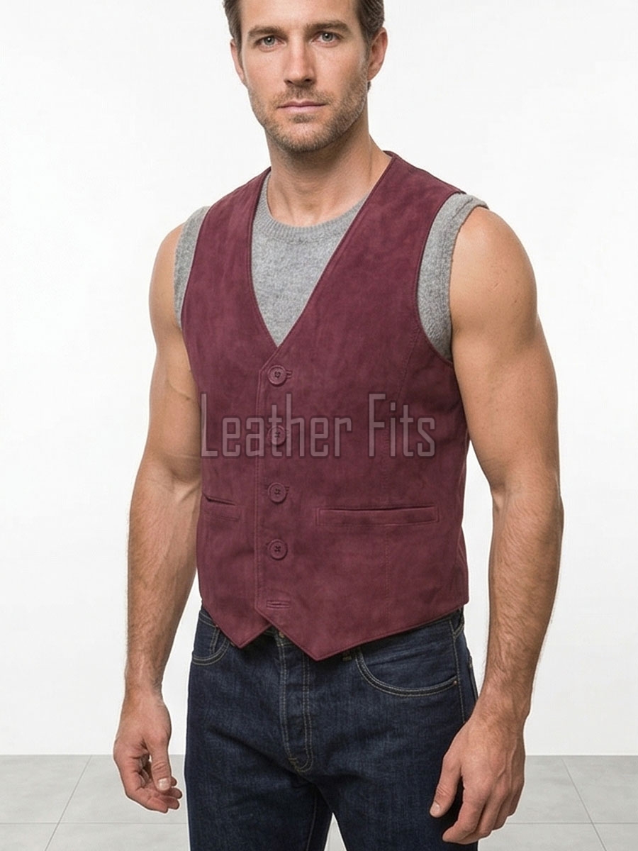 Men Merlot Suede Vest | Luxury Genuine Plum Lambskin Waistcoat | Premium Soft Matte Burgundy Sleeveless Evening Dress Gilet Jacket