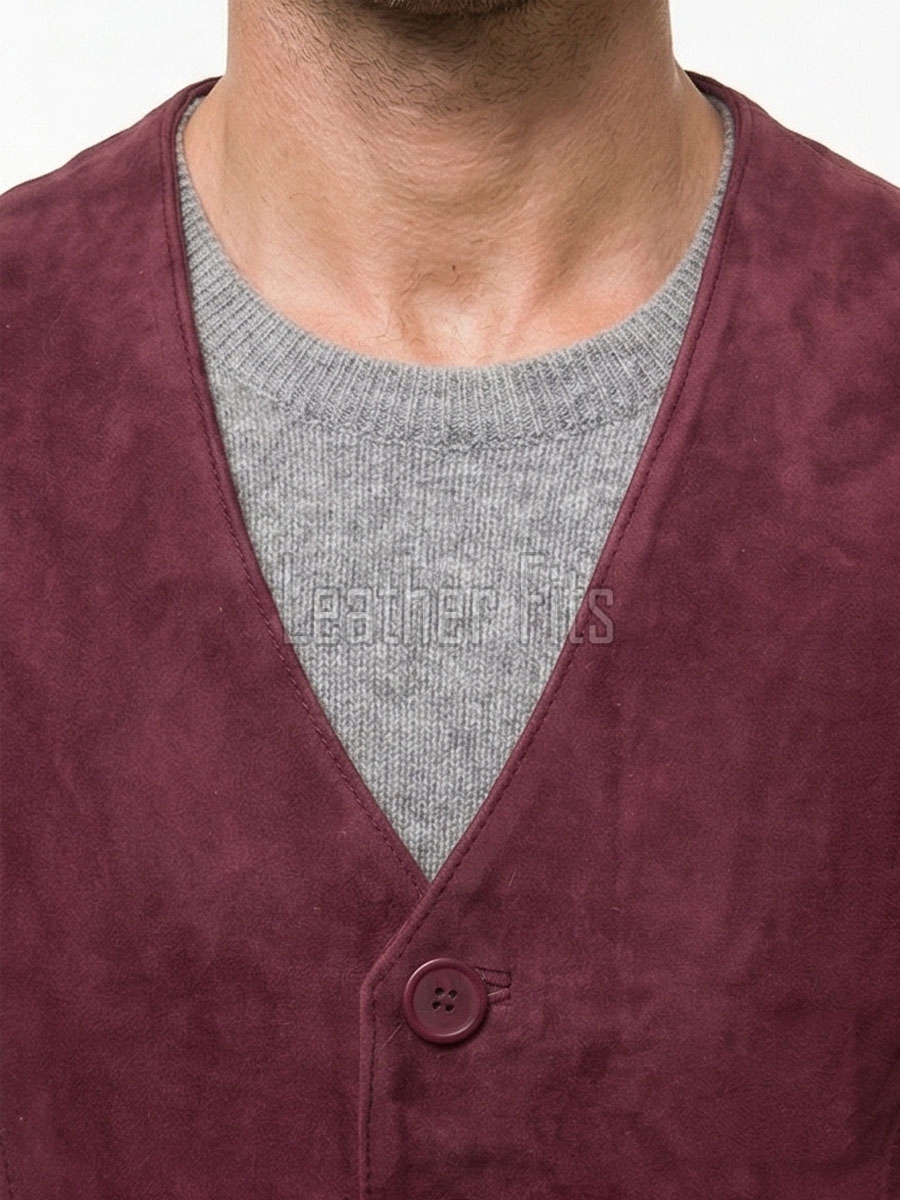 Men Merlot Suede Vest | Luxury Genuine Plum Lambskin Waistcoat | Premium Soft Matte Burgundy Sleeveless Evening Dress Gilet Jacket