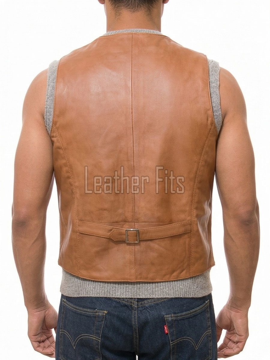 Men Tan Leather Vest | Luxury Genuine Cognac Lambskin Waistcoat | Premium Sleek Sleeveless Ochre Smart Casual Tailored Gilet Jacket