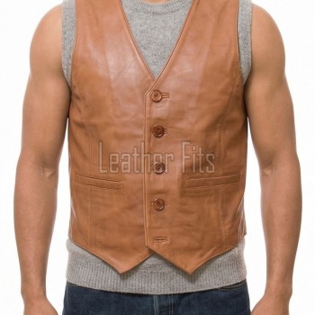 Men Tan Leather Vest | Luxury Genuine Cognac Lambskin Waistcoat | Premium Sleek Sleeveless Ochre Smart Casual Tailored Gilet Jacket