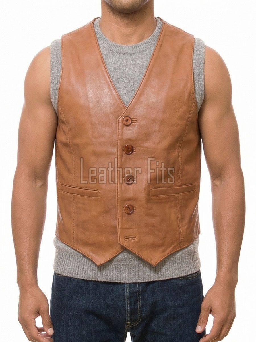 Men Tan Leather Vest | Luxury Genuine Cognac Lambskin Waistcoat | Premium Sleek Sleeveless Ochre Smart Casual Tailored Gilet Jacket
