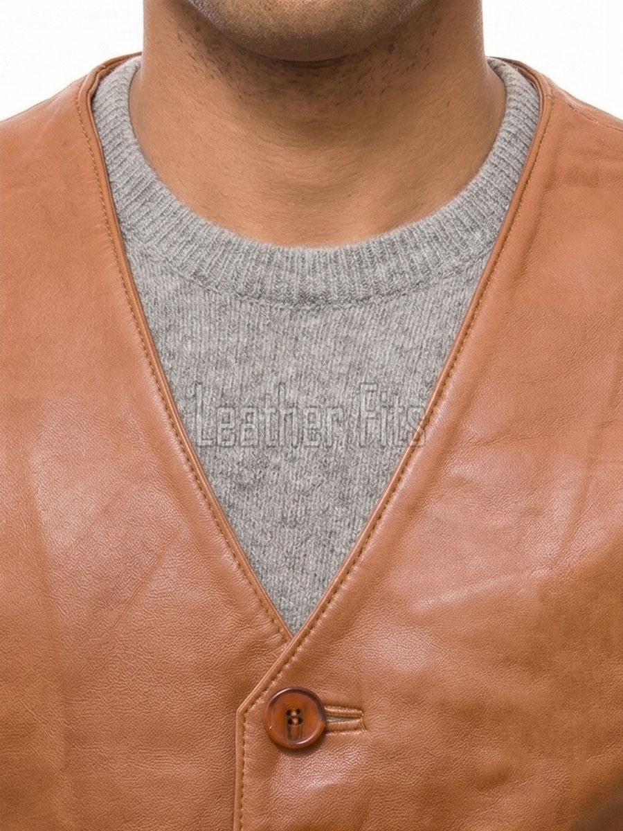 Men Tan Leather Vest | Luxury Genuine Cognac Lambskin Waistcoat | Premium Sleek Sleeveless Ochre Smart Casual Tailored Gilet Jacket