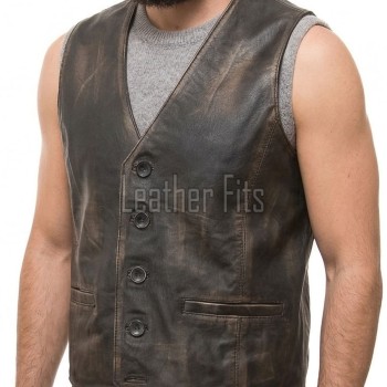 Men Distressed Leather Vest | Luxury Genuine Charcoal Sheepskin Waistcoat | Premium Antique Weathered Bronze Sleeveless Moto Biker Gilet