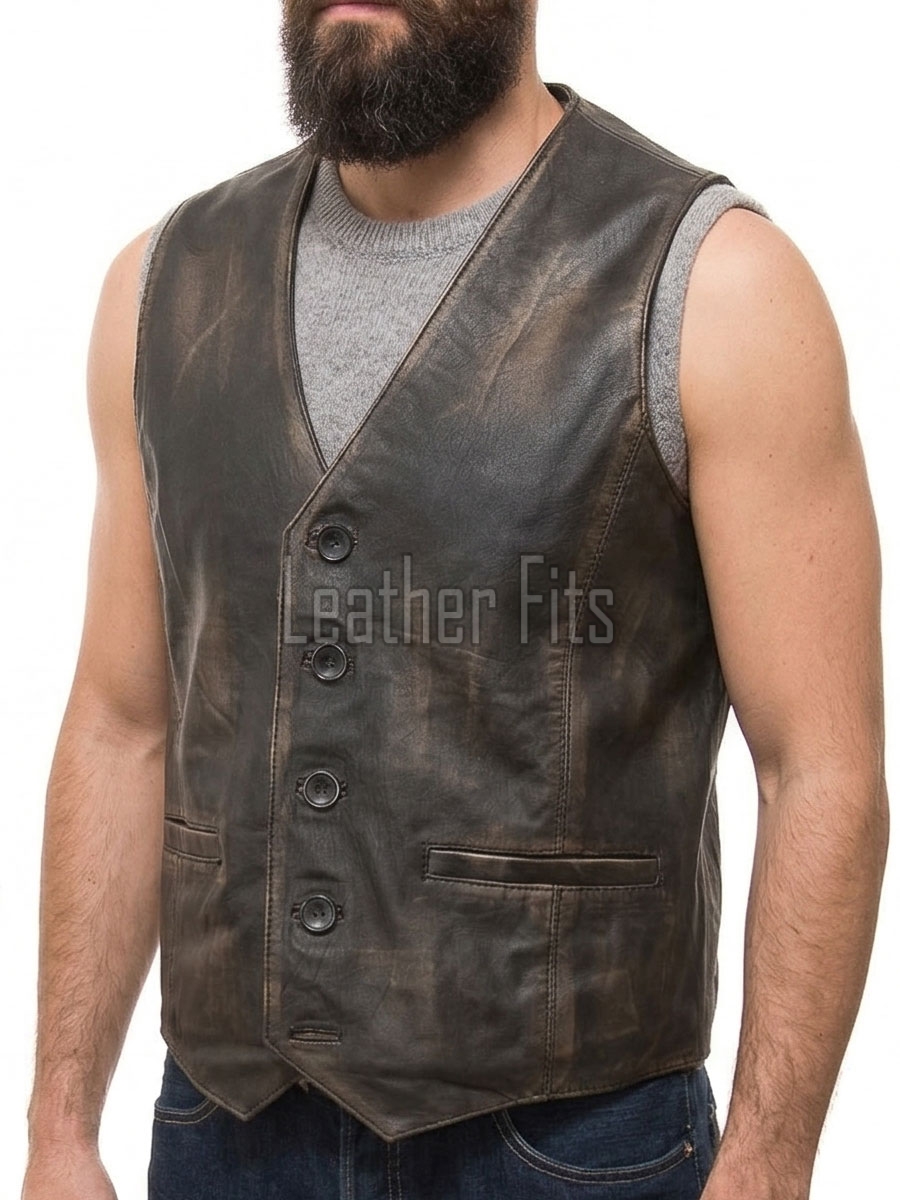 Men Distressed Leather Vest | Luxury Genuine Charcoal Sheepskin Waistcoat | Premium Antique Weathered Bronze Sleeveless Moto Biker Gilet