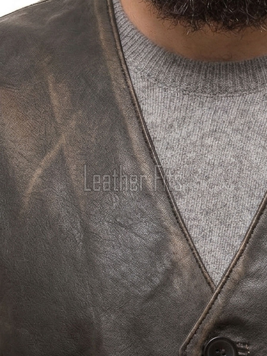 Men Distressed Leather Vest | Luxury Genuine Charcoal Sheepskin Waistcoat | Premium Antique Weathered Bronze Sleeveless Moto Biker Gilet
