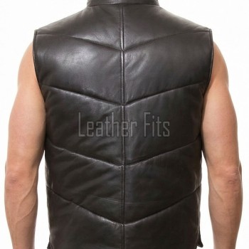 Men Black Leather Puffer Vest | Luxury Genuine Lambskin Quilted Bodywarmer | Premium Warm Insulated Sleeveless Stand Collar Jacket Gilet