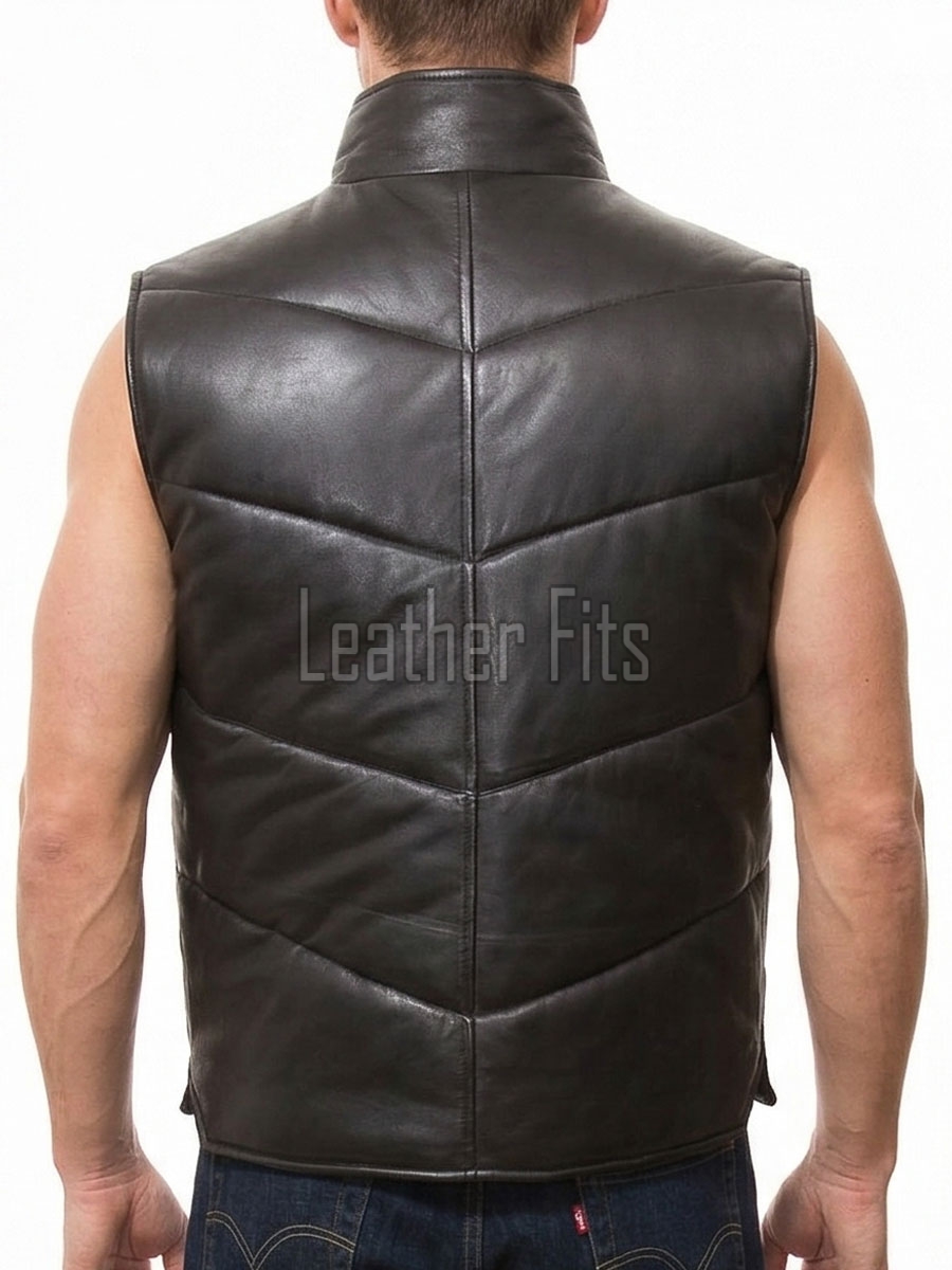 Men Black Leather Puffer Vest | Luxury Genuine Lambskin Quilted Bodywarmer | Premium Warm Insulated Sleeveless Stand Collar Jacket Gilet