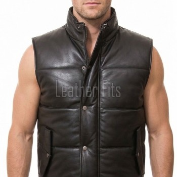 Men Black Leather Puffer Vest | Luxury Genuine Lambskin Quilted Bodywarmer | Premium Warm Insulated Sleeveless Stand Collar Jacket Gilet