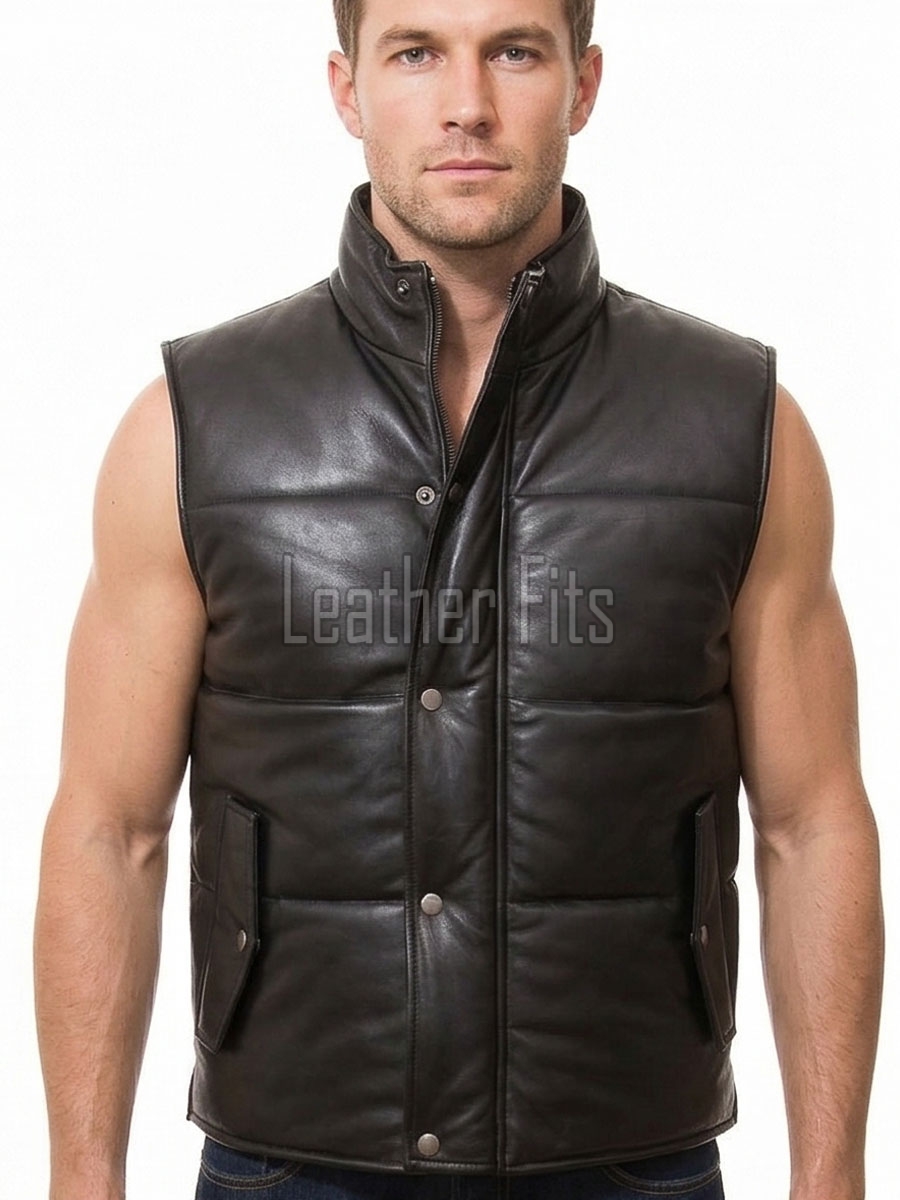 Men Black Leather Puffer Vest | Luxury Genuine Lambskin Quilted Bodywarmer | Premium Warm Insulated Sleeveless Stand Collar Jacket Gilet
