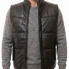 Men Black Leather Puffer Vest | Luxury Genuine Lambskin Quilted Bodywarmer | Premium Warm Insulated Sleeveless Stand Collar Jacket Gilet