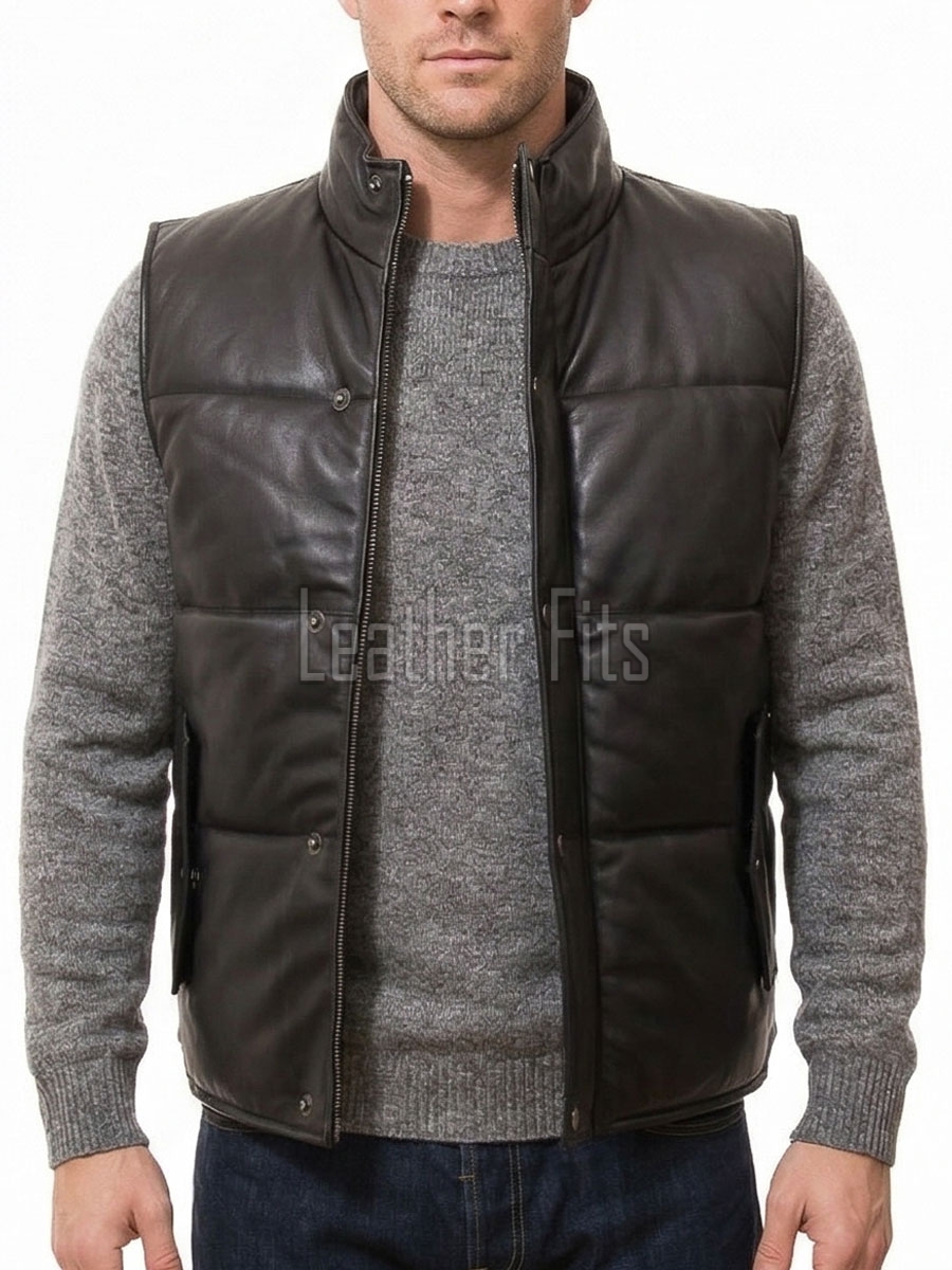Men Black Leather Puffer Vest | Luxury Genuine Lambskin Quilted Bodywarmer | Premium Warm Insulated Sleeveless Stand Collar Jacket Gilet