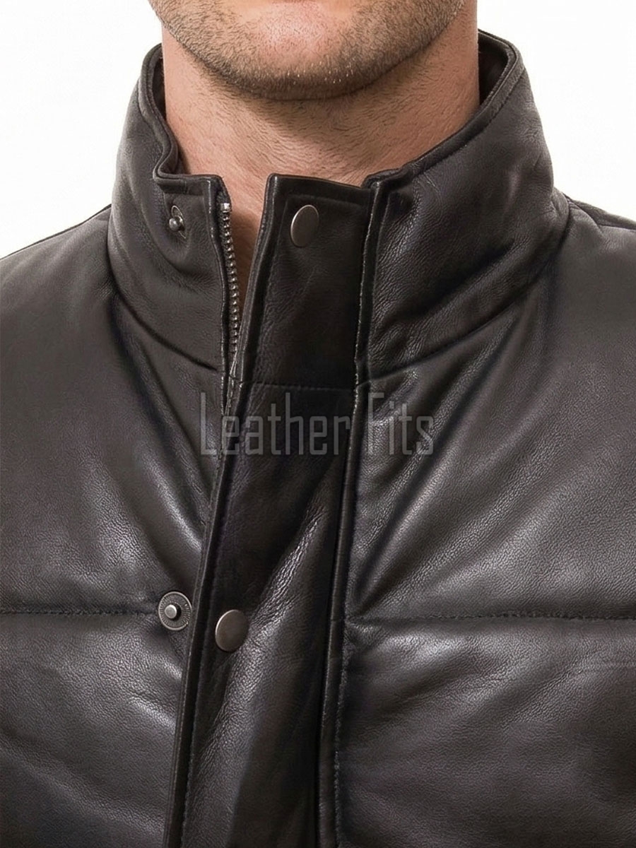 Men Black Leather Puffer Vest | Luxury Genuine Lambskin Quilted Bodywarmer | Premium Warm Insulated Sleeveless Stand Collar Jacket Gilet