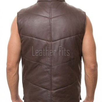 Men Espresso Brown Leather Puffer Vest | Luxury Genuine Chocolate Sheepskin Bodywarmer | Premium Quilted Insulated Stand Collar Gilet Jacket