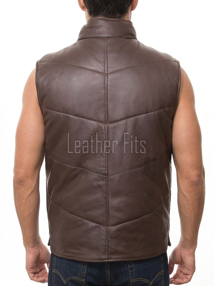 Men Espresso Brown Leather Puffer Vest | Luxury Genuine Chocolate Sheepskin Bodywarmer | Premium Quilted Insulated Stand Collar Gilet Jacket