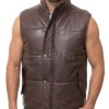 Men Espresso Brown Leather Puffer Vest | Luxury Genuine Chocolate Sheepskin Bodywarmer | Premium Quilted Insulated Stand Collar Gilet Jacket