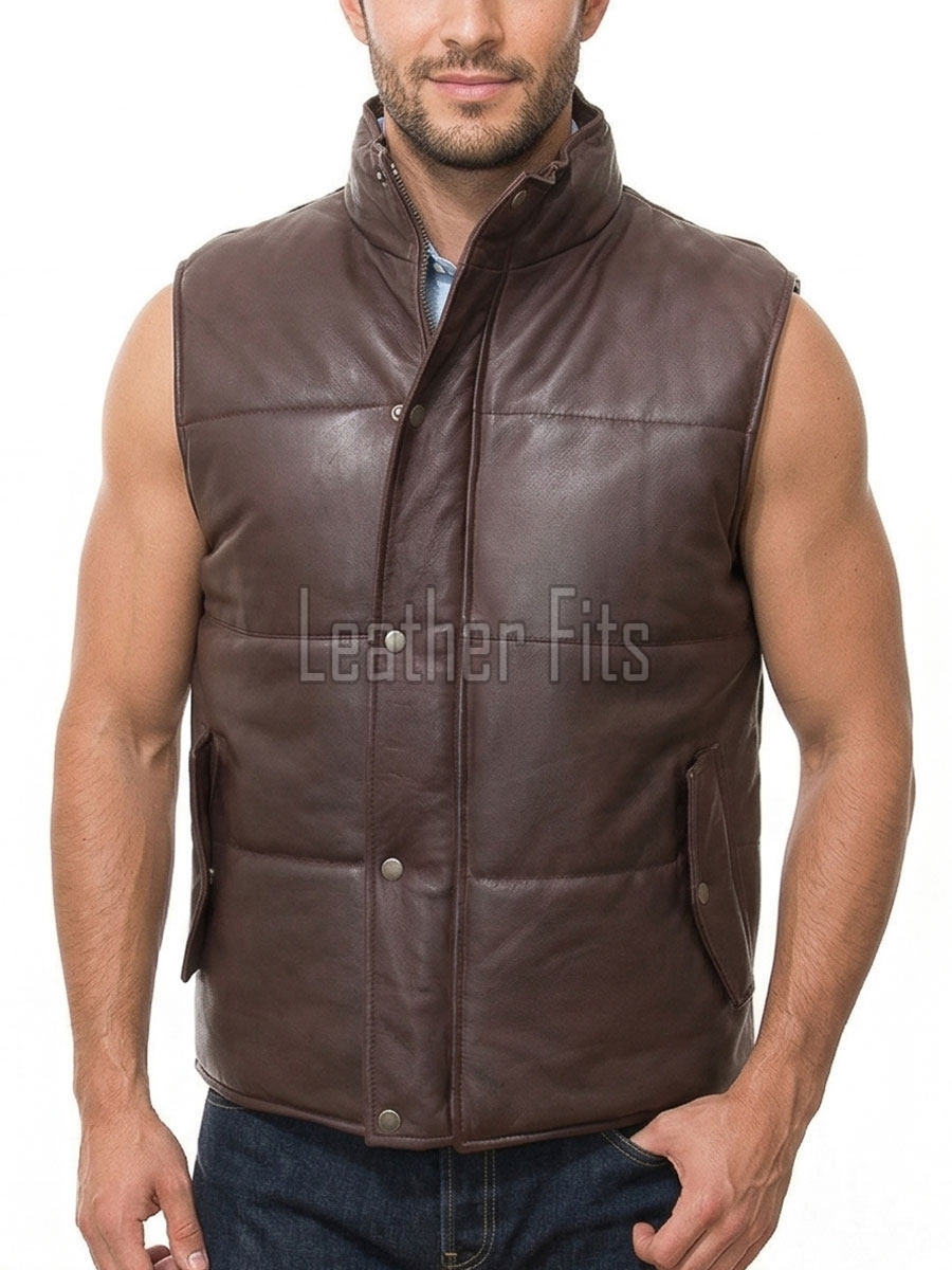Men Espresso Brown Leather Puffer Vest | Luxury Genuine Chocolate Sheepskin Bodywarmer | Premium Quilted Insulated Stand Collar Gilet Jacket
