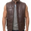 Men Espresso Brown Leather Puffer Vest | Luxury Genuine Chocolate Sheepskin Bodywarmer | Premium Quilted Insulated Stand Collar Gilet Jacket
