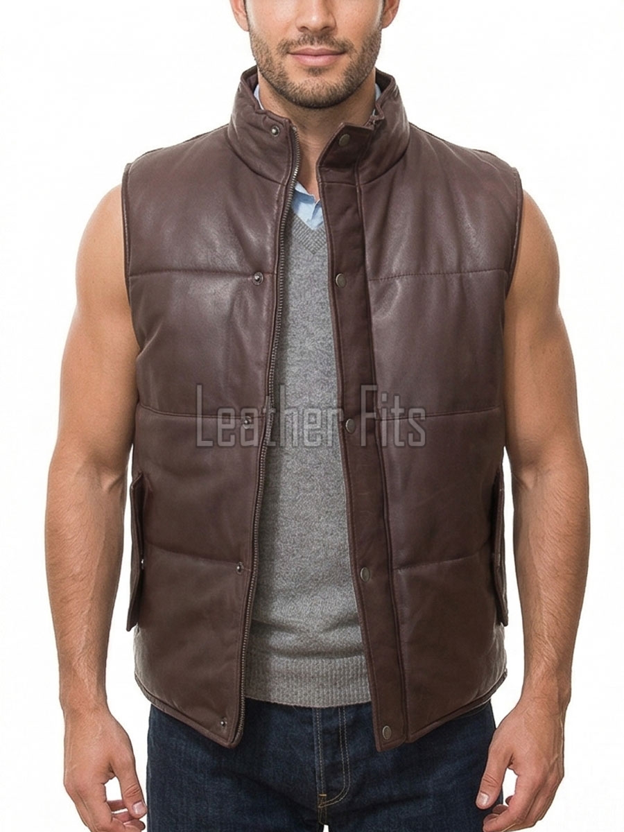 Men Espresso Brown Leather Puffer Vest | Luxury Genuine Chocolate Sheepskin Bodywarmer | Premium Quilted Insulated Stand Collar Gilet Jacket