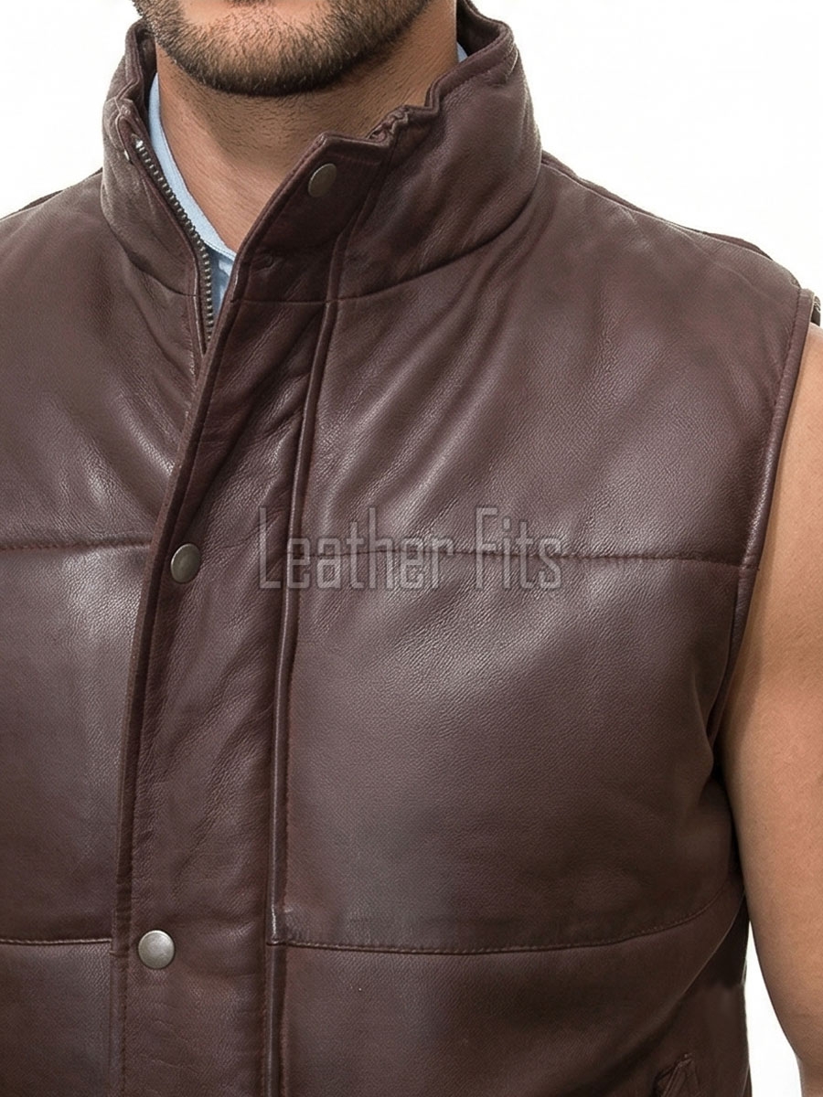 Men Espresso Brown Leather Puffer Vest | Luxury Genuine Chocolate Sheepskin Bodywarmer | Premium Quilted Insulated Stand Collar Gilet Jacket