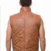 Men Ginger Leather Puffer Vest | Luxury Genuine Tan Sheepskin Bodywarmer | Premium Quilted Warm Insulated Stand Collar Gilet Jacket