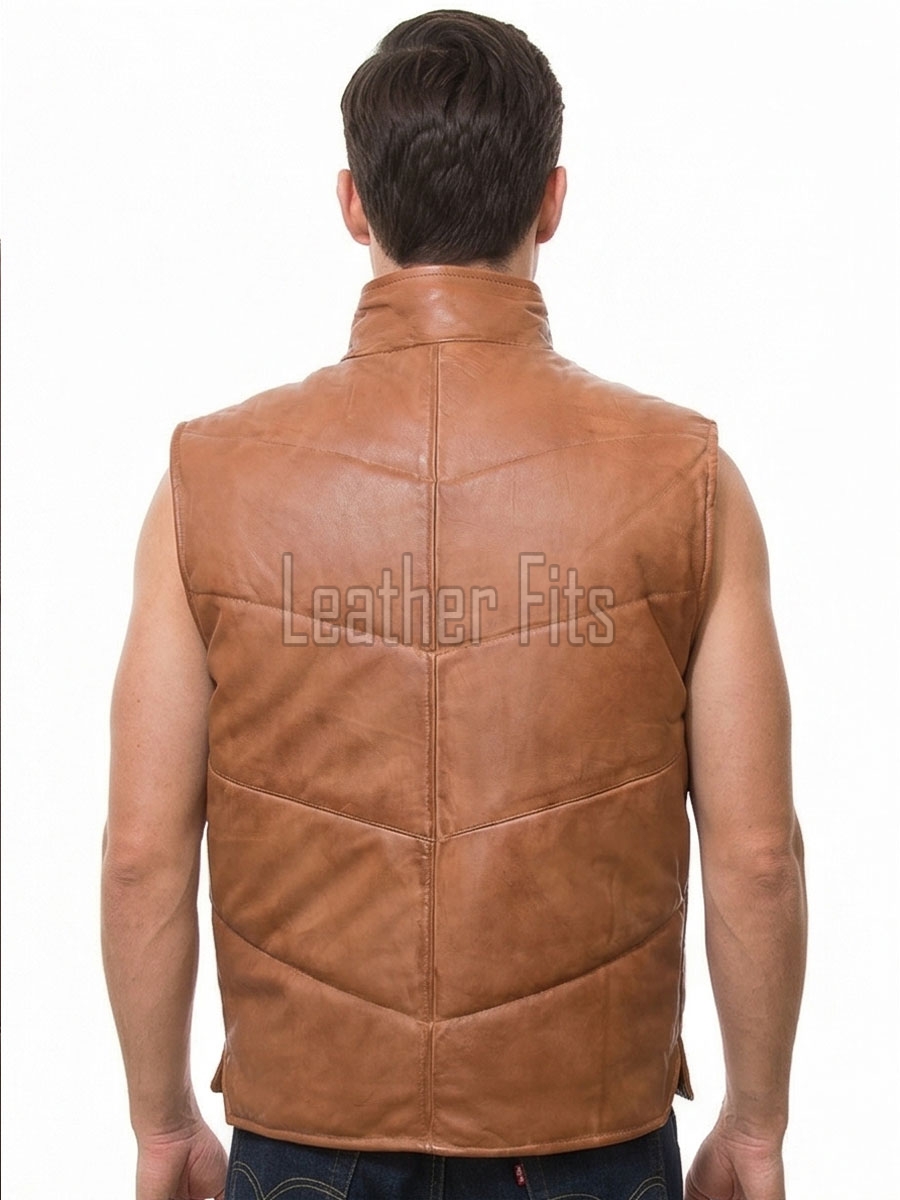 Men Ginger Leather Puffer Vest | Luxury Genuine Tan Sheepskin Bodywarmer | Premium Quilted Warm Insulated Stand Collar Gilet Jacket