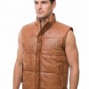 Men Ginger Leather Puffer Vest | Luxury Genuine Tan Sheepskin Bodywarmer | Premium Quilted Warm Insulated Stand Collar Gilet Jacket