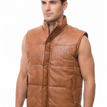 Men Ginger Leather Puffer Vest | Luxury Genuine Tan Sheepskin Bodywarmer | Premium Quilted Warm Insulated Stand Collar Gilet Jacket
