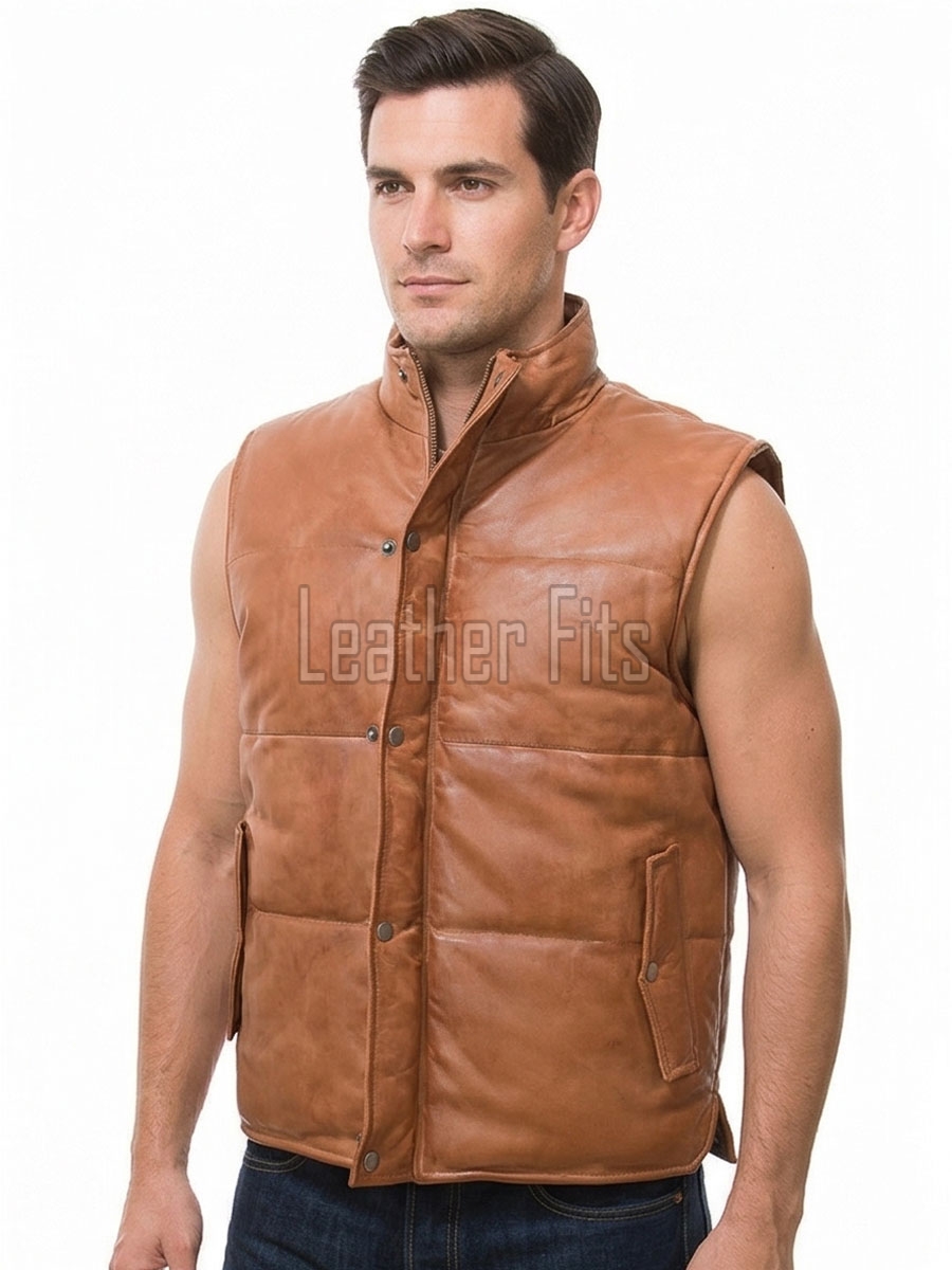 Men Ginger Leather Puffer Vest | Luxury Genuine Tan Sheepskin Bodywarmer | Premium Quilted Warm Insulated Stand Collar Gilet Jacket