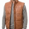 Men Ginger Leather Puffer Vest | Luxury Genuine Tan Sheepskin Bodywarmer | Premium Quilted Warm Insulated Stand Collar Gilet Jacket