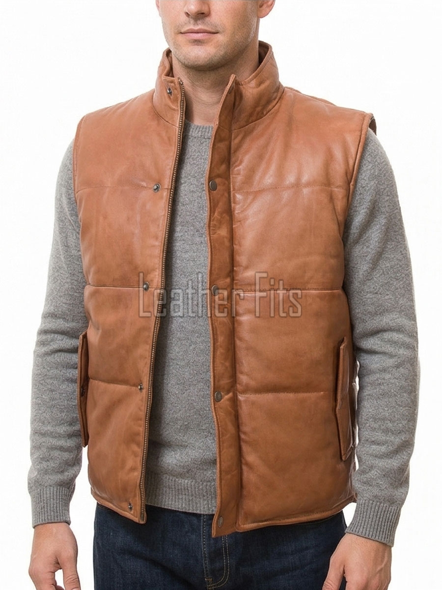 Men Ginger Leather Puffer Vest | Luxury Genuine Tan Sheepskin Bodywarmer | Premium Quilted Warm Insulated Stand Collar Gilet Jacket