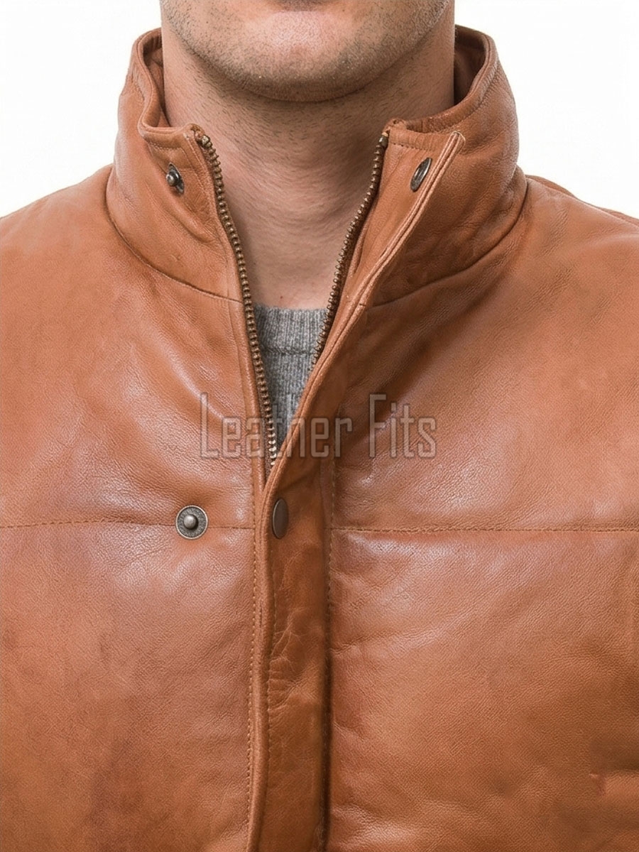 Men Ginger Leather Puffer Vest | Luxury Genuine Tan Sheepskin Bodywarmer | Premium Quilted Warm Insulated Stand Collar Gilet Jacket