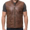 Men Brown Leather Vest | Luxury Genuine Russet Lambskin Quilted Bodywarmer | Premium Warm Sleeveless Moto Biker Stand Collar Gilet Jacket