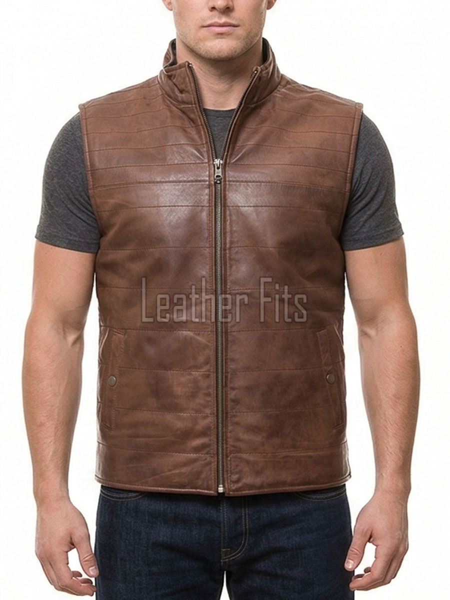 Men Brown Leather Vest | Luxury Genuine Russet Lambskin Quilted Bodywarmer | Premium Warm Sleeveless Moto Biker Stand Collar Gilet Jacket