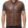 Men Brown Leather Vest | Luxury Genuine Russet Lambskin Quilted Bodywarmer | Premium Warm Sleeveless Moto Biker Stand Collar Gilet Jacket