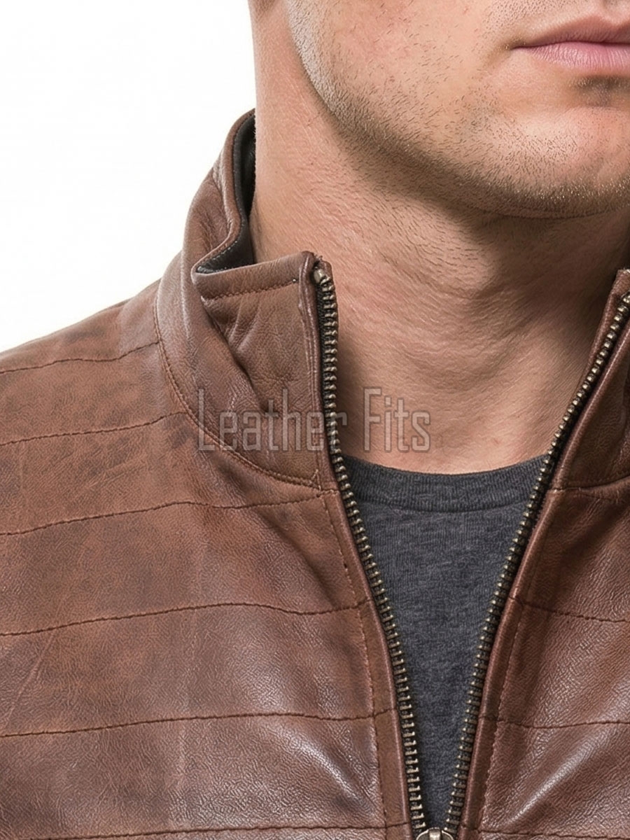 Men Brown Leather Vest | Luxury Genuine Russet Lambskin Quilted Bodywarmer | Premium Warm Sleeveless Moto Biker Stand Collar Gilet Jacket