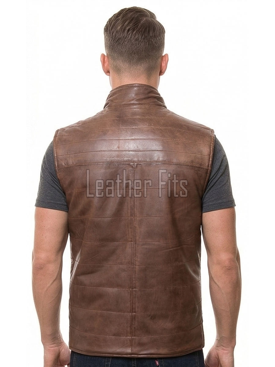 Men Brown Leather Vest | Luxury Genuine Russet Lambskin Quilted Bodywarmer | Premium Warm Sleeveless Moto Biker Stand Collar Gilet Jacket