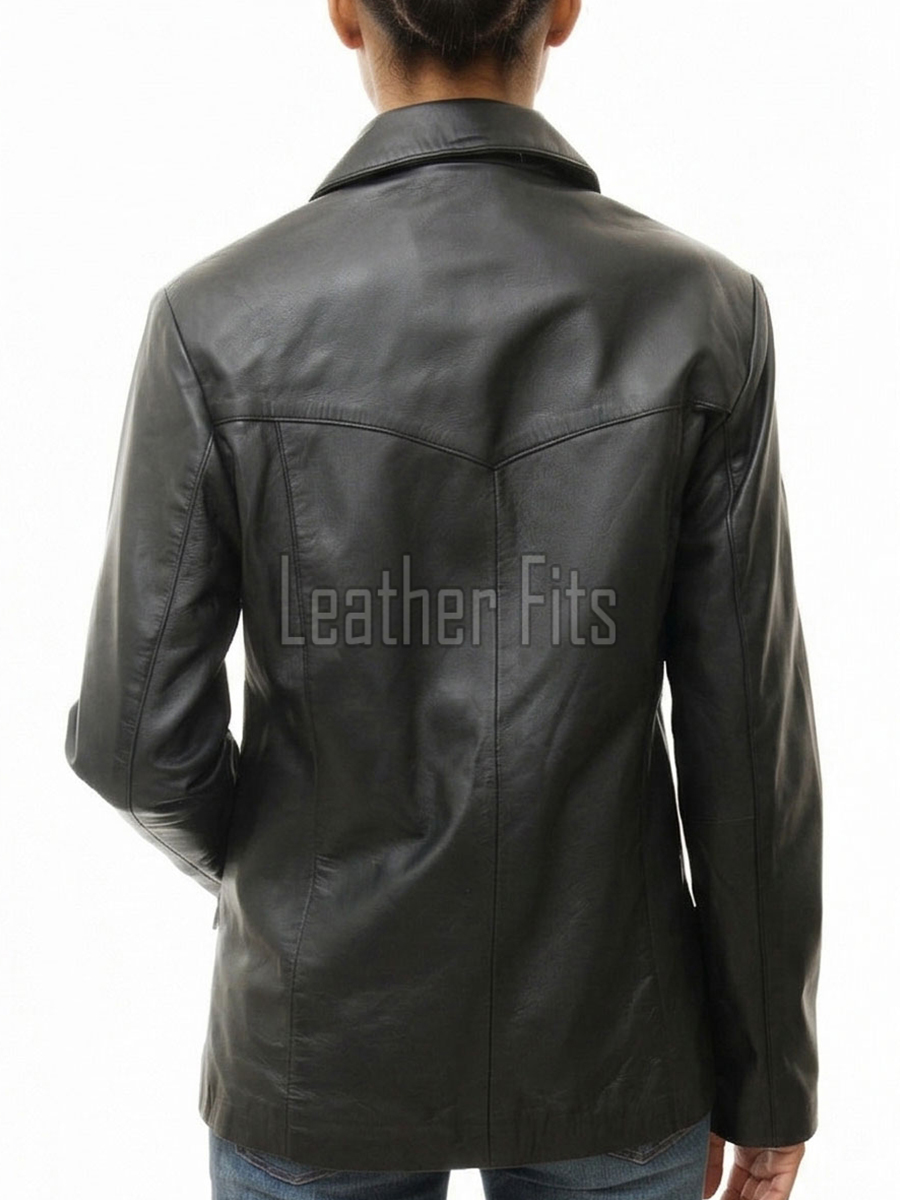 Elite Charcoal Black Leather Tailored Blazer - Women's Professional Three Button Closure Slim Fit Structured Premium Lambskin Office Garment