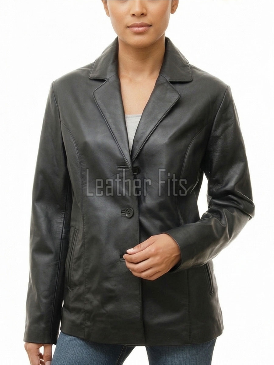 Elite Charcoal Black Leather Tailored Blazer - Women's Professional Three Button Closure Slim Fit Structured Premium Lambskin Office Garment