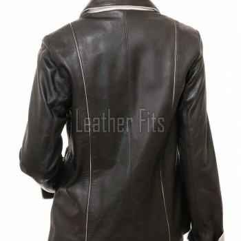 Vogue Black Leather Contrast Blazer - Women's Elegant Single Breasted Cream Piping Trimmed Slim Fit Premium Lambskin Tailored Elite Garment!