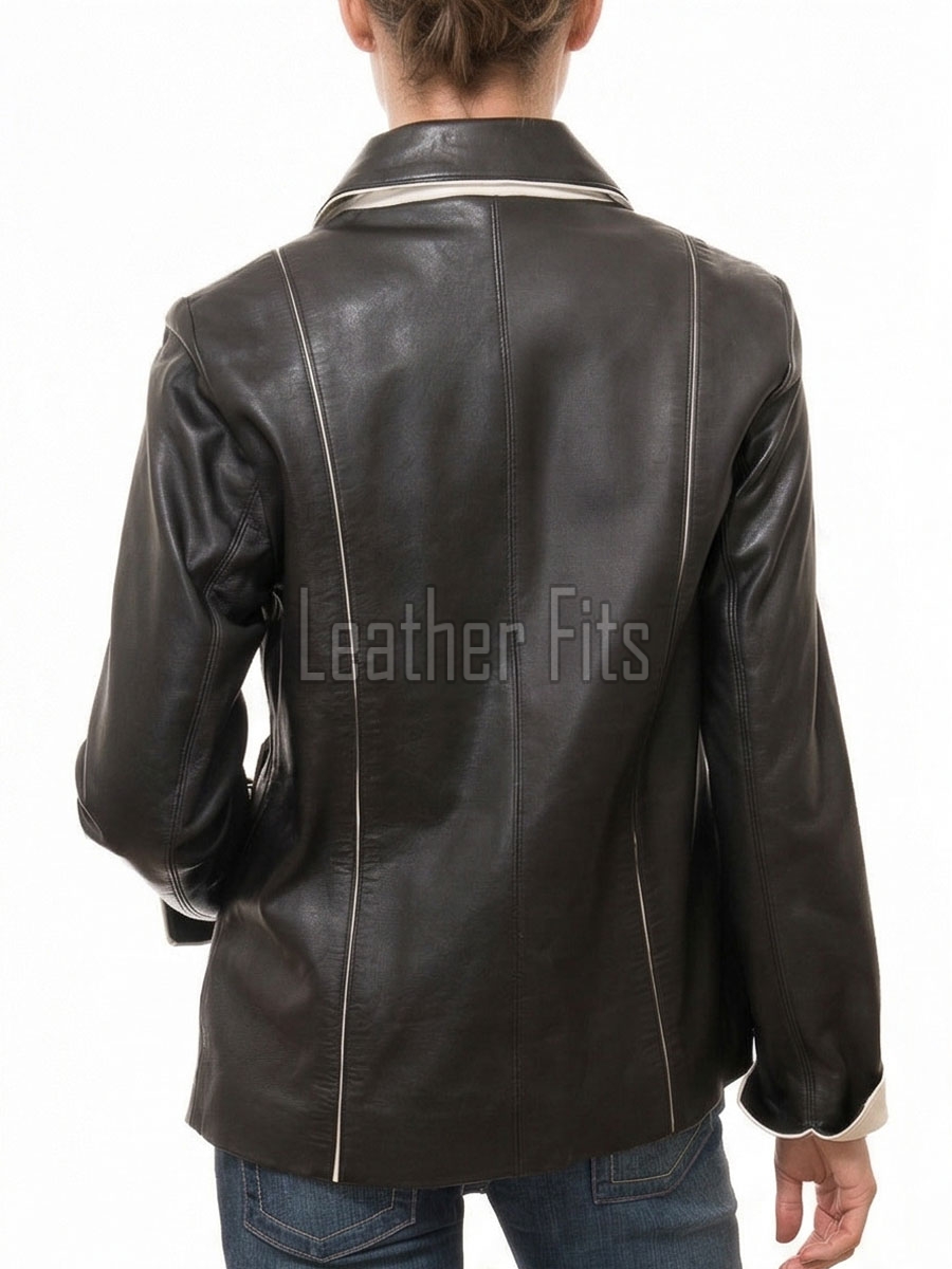 Vogue Black Leather Contrast Blazer - Women's Elegant Single Breasted Cream Piping Trimmed Slim Fit Premium Lambskin Tailored Elite Garment!