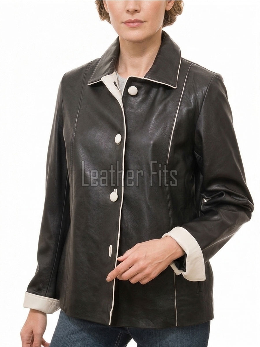 Vogue Black Leather Contrast Blazer - Women's Elegant Single Breasted Cream Piping Trimmed Slim Fit Premium Lambskin Tailored Elite Garment!