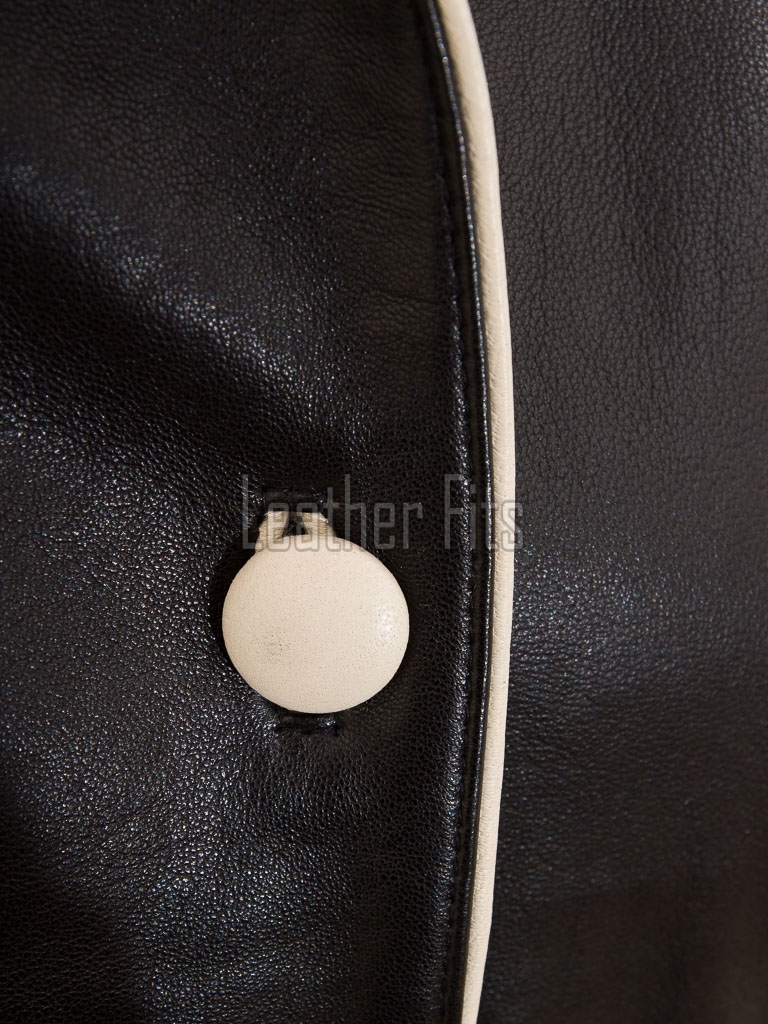 Vogue Black Leather Contrast Blazer - Women's Elegant Single Breasted Cream Piping Trimmed Slim Fit Premium Lambskin Tailored Elite Garment!